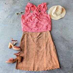 Vintage Karen Kane Brown Lasercut Scalloped Hem Leather Pencil Skirt size 14